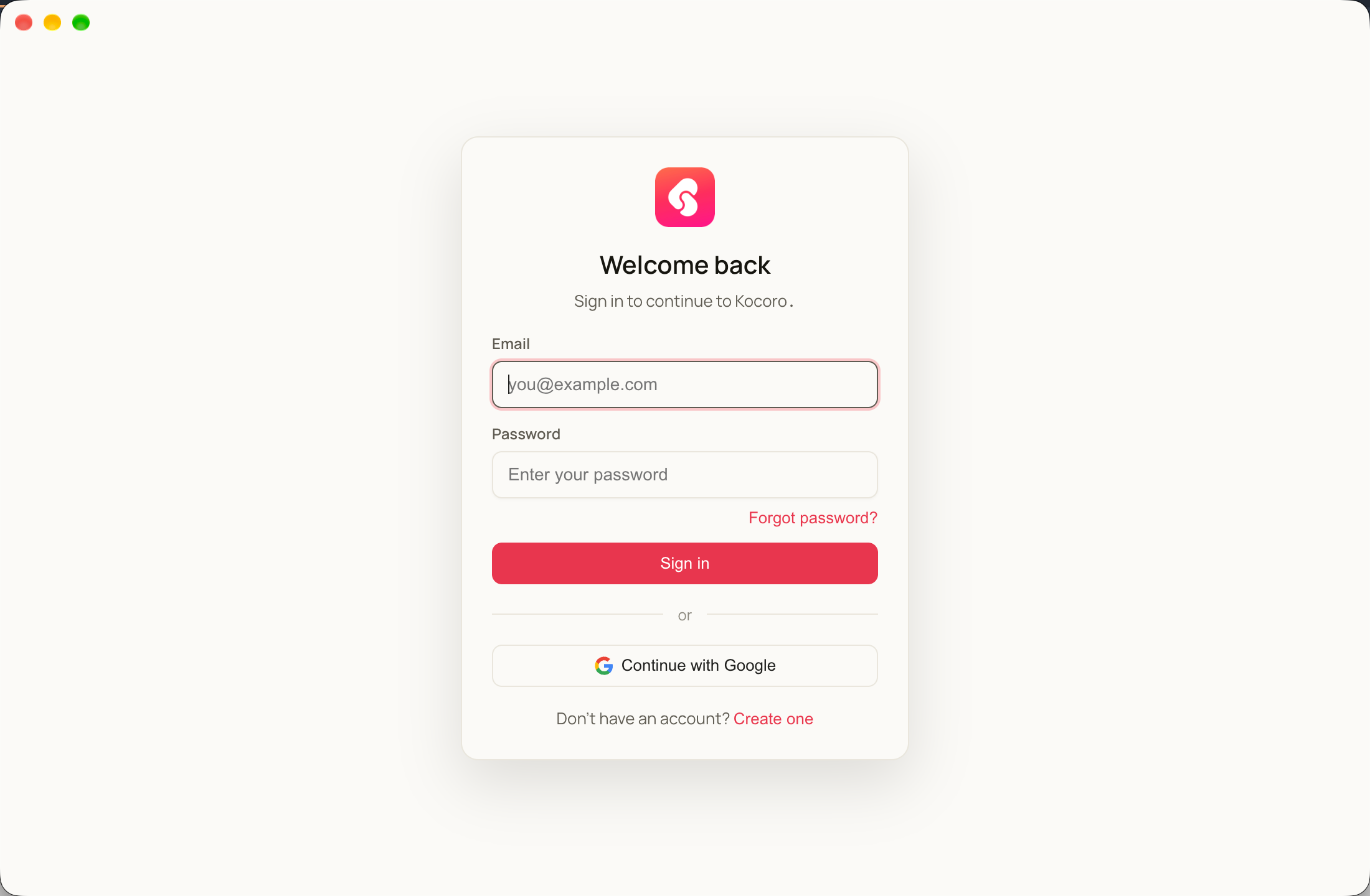 Kocoro sign-in screen — Forgot password? link below the password field