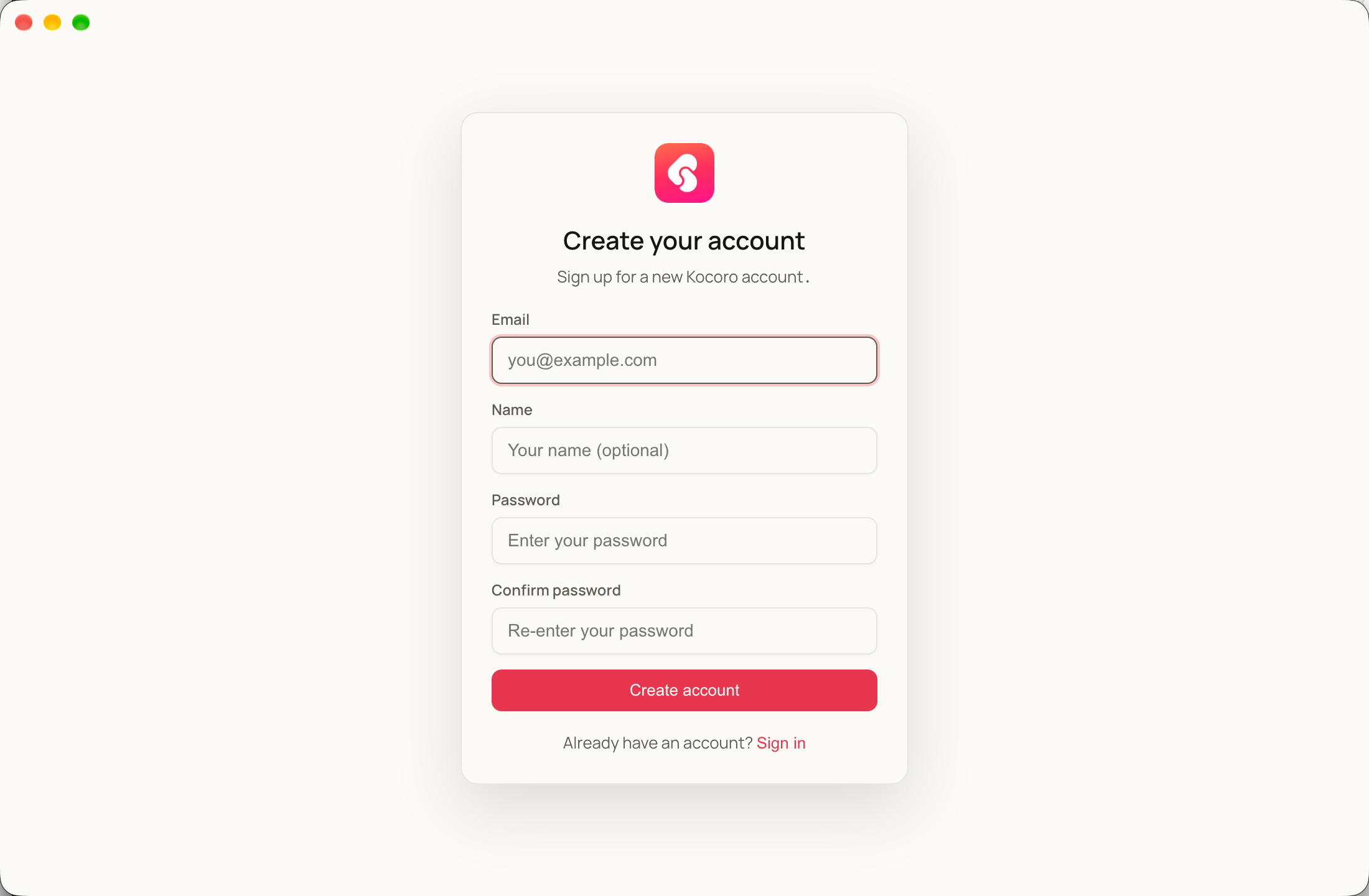 Kocoro sign-up form — Email, Name, Password, Confirm password, and Create account