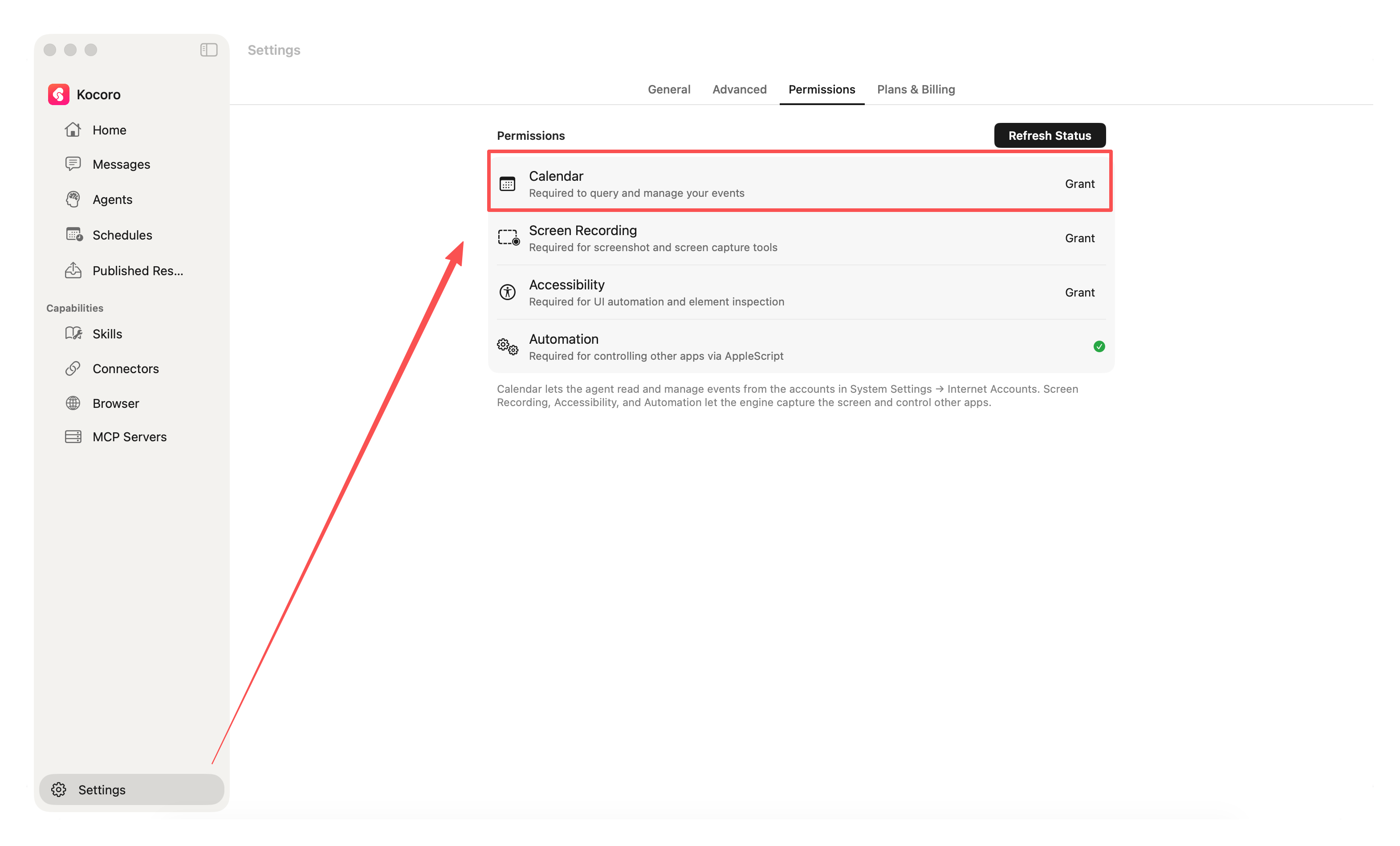 Kocoro Settings → Permissions, the Calendar row with a Grant button