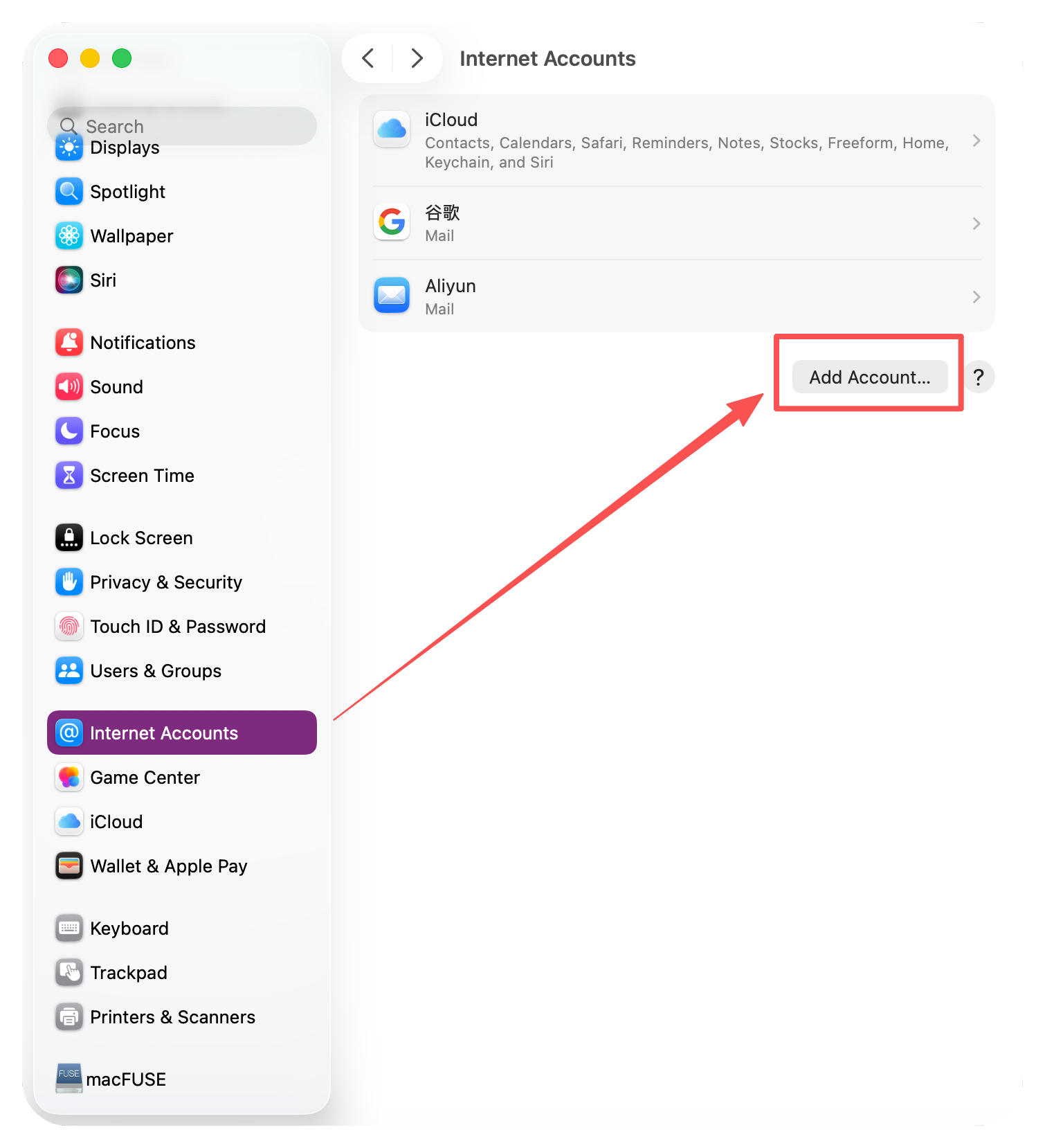 macOS System Settings → Internet Accounts with the Add Account button