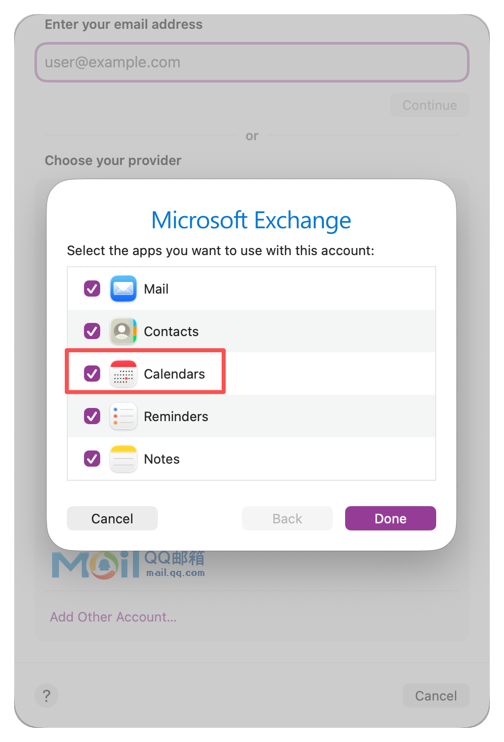 Account items list with the Calendars checkbox enabled