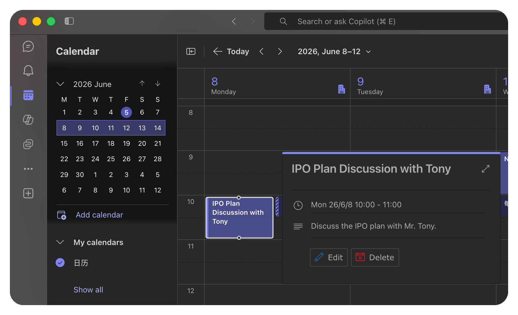 The created event shown in Kocoro's built-in calendar view with Edit / Delete options