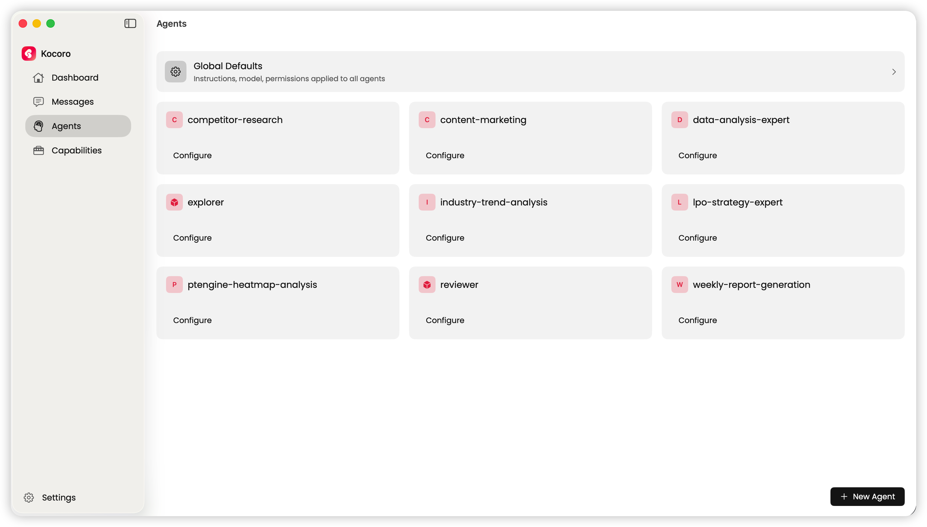Agents page — Global Defaults: instructions, model, permissions applied to all agents