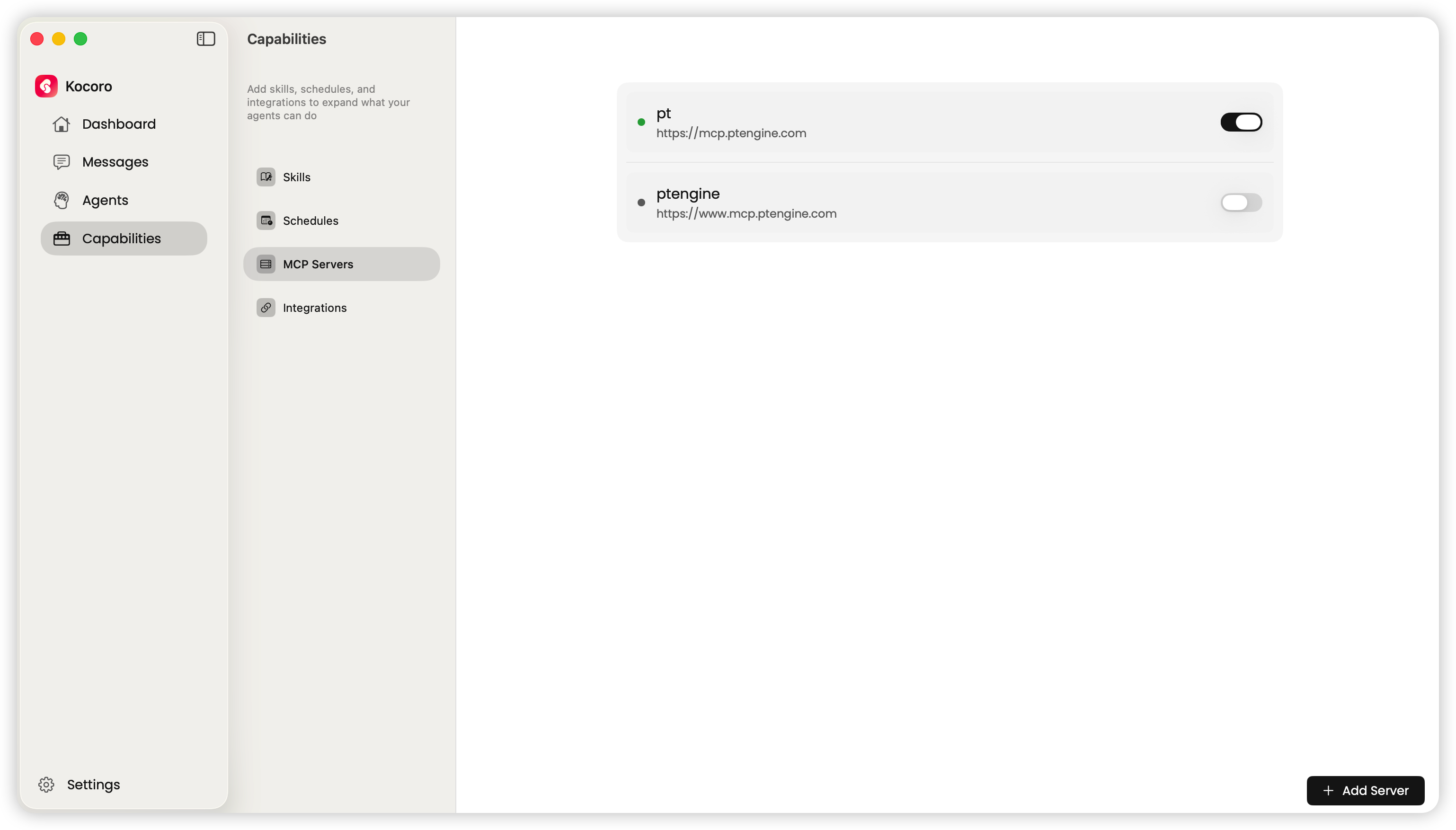 Capabilities → MCP Servers — each server has a toggle on the right