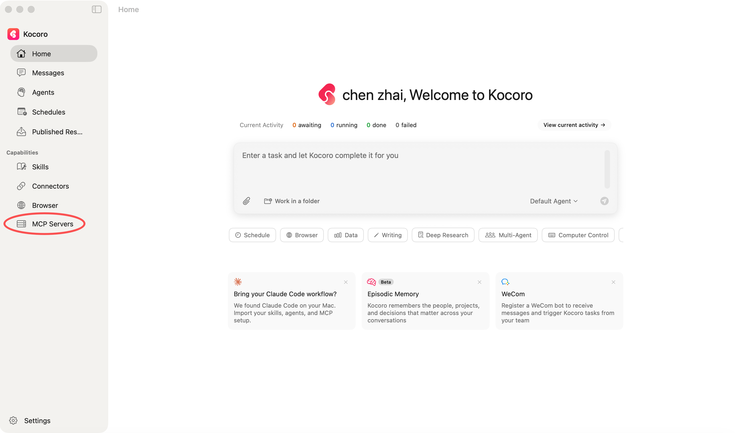 Kocoro main window — MCP Servers entry on the left sidebar