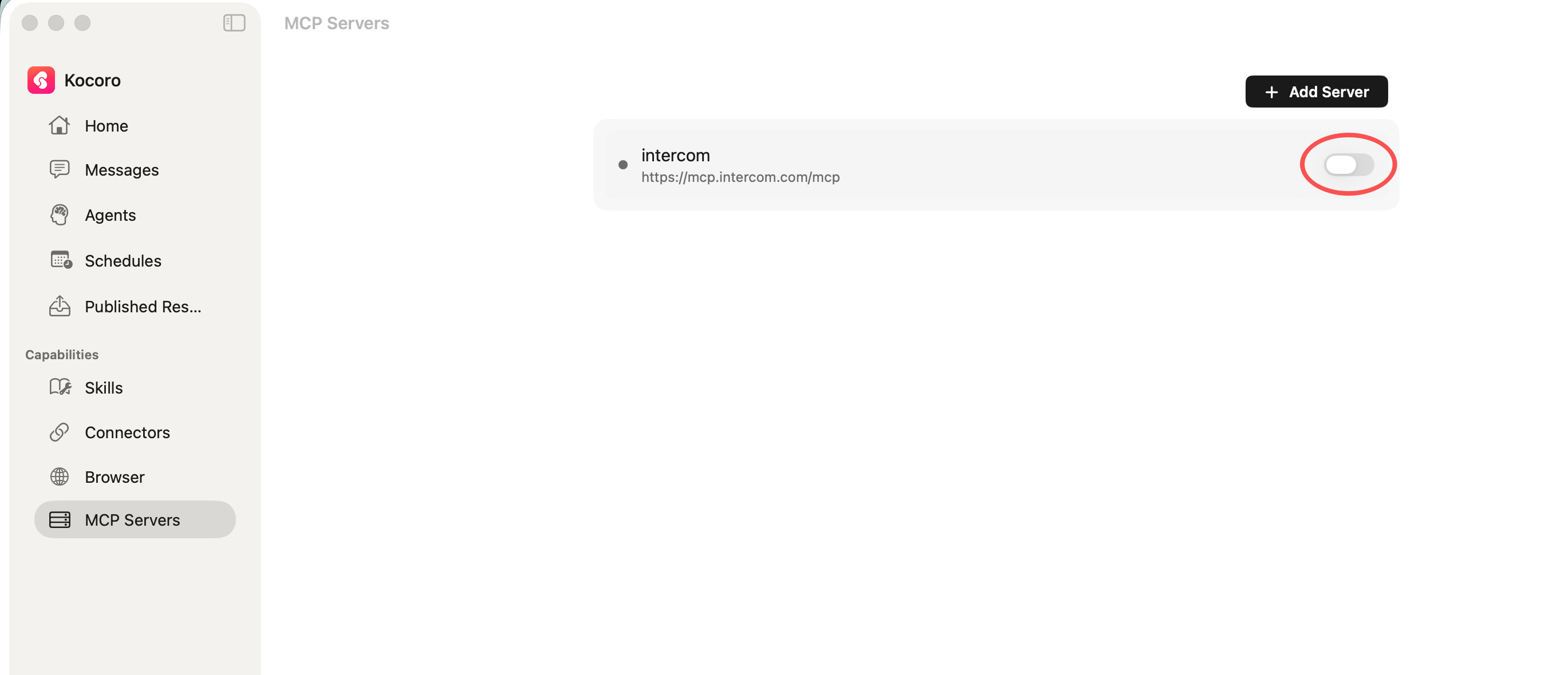 MCP Servers list — click the toggle next to intercom