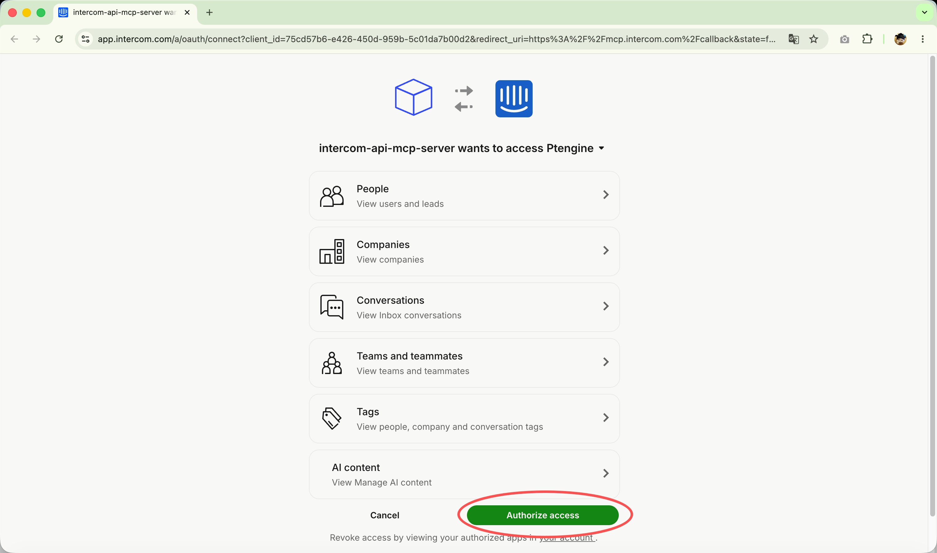Intercom OAuth consent screen — click Authorize access
