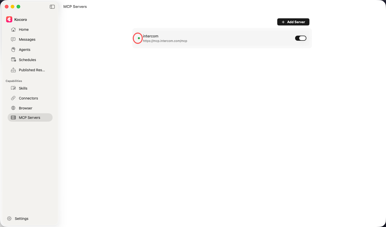 MCP Servers page — green dot next to intercom confirms connection is active