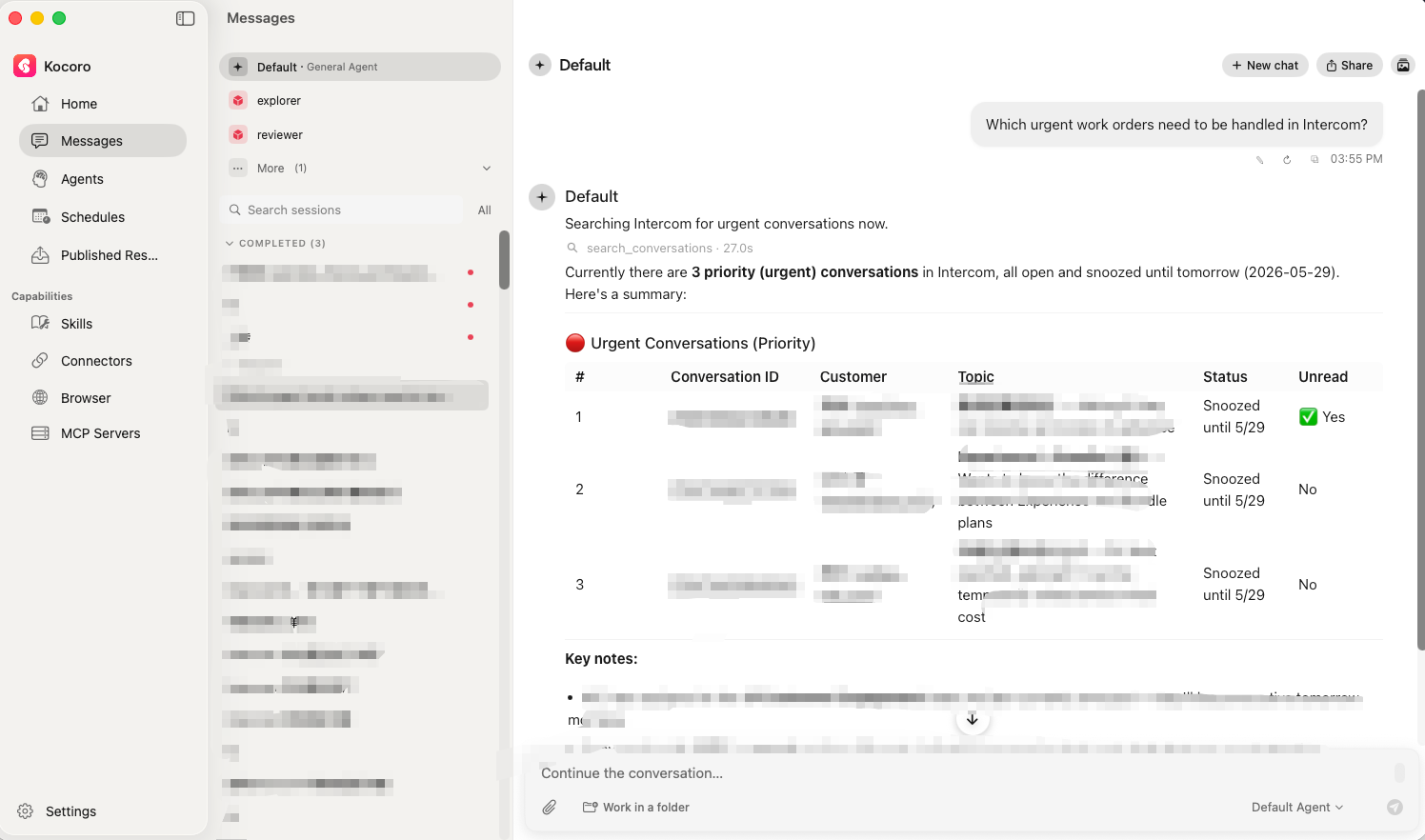 Kocoro Messages — asking an Intercom question and receiving a structured ticket list