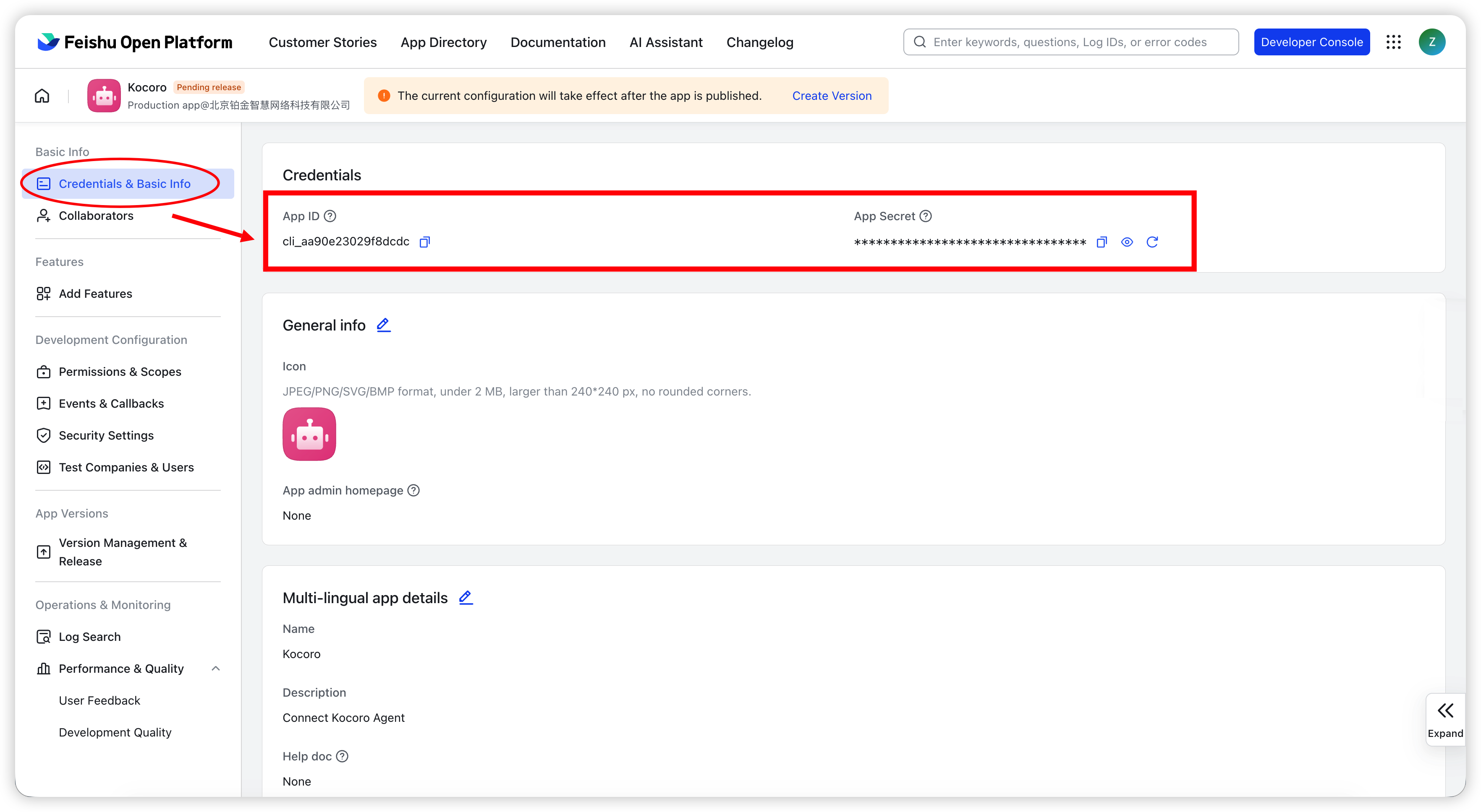 Fig. 3 — Copy the App ID and App Secret on Credentials & Basic Info.