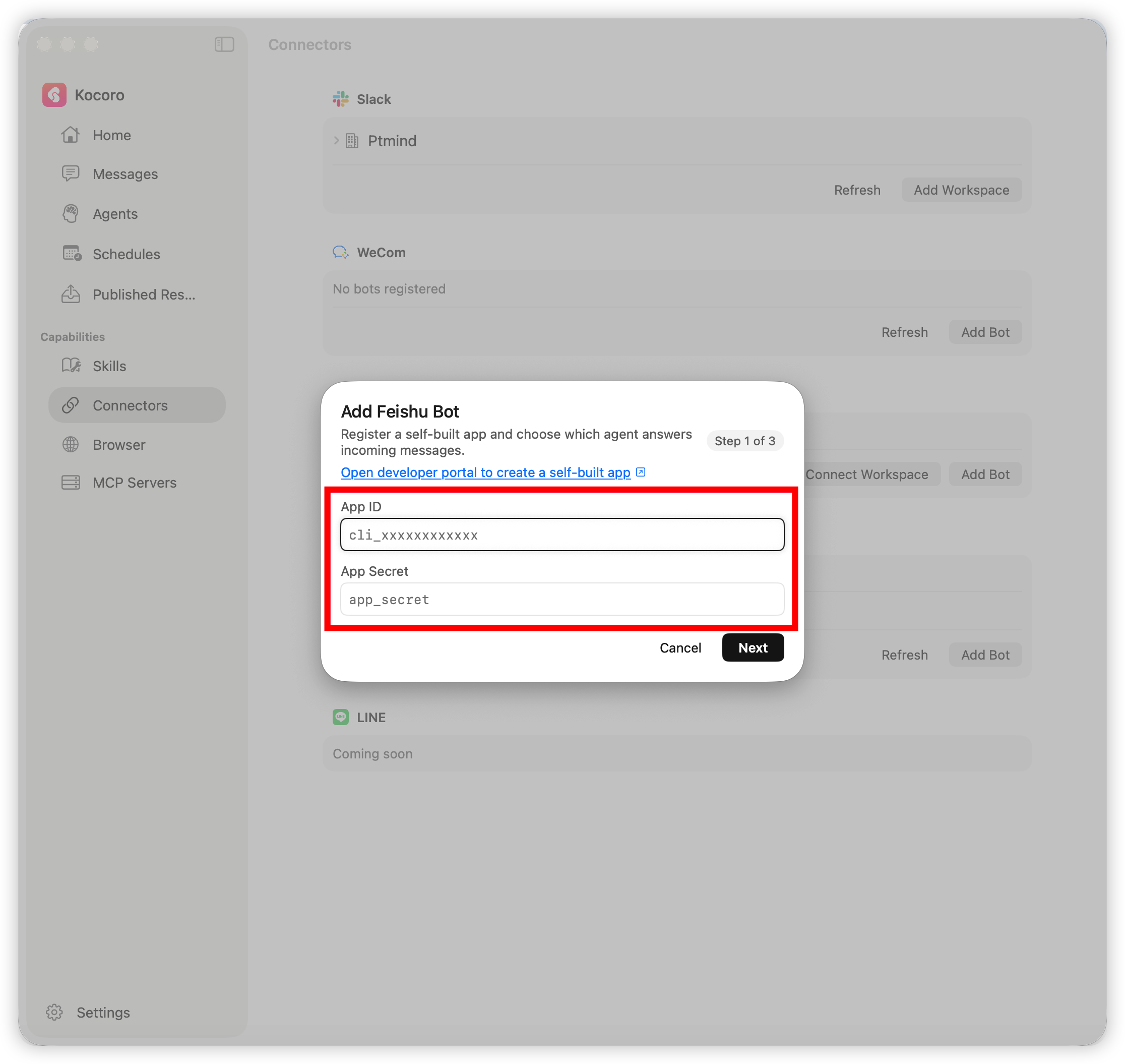 Fig. 4 — Enter the App ID and App Secret in Kocoro (step 1/3).