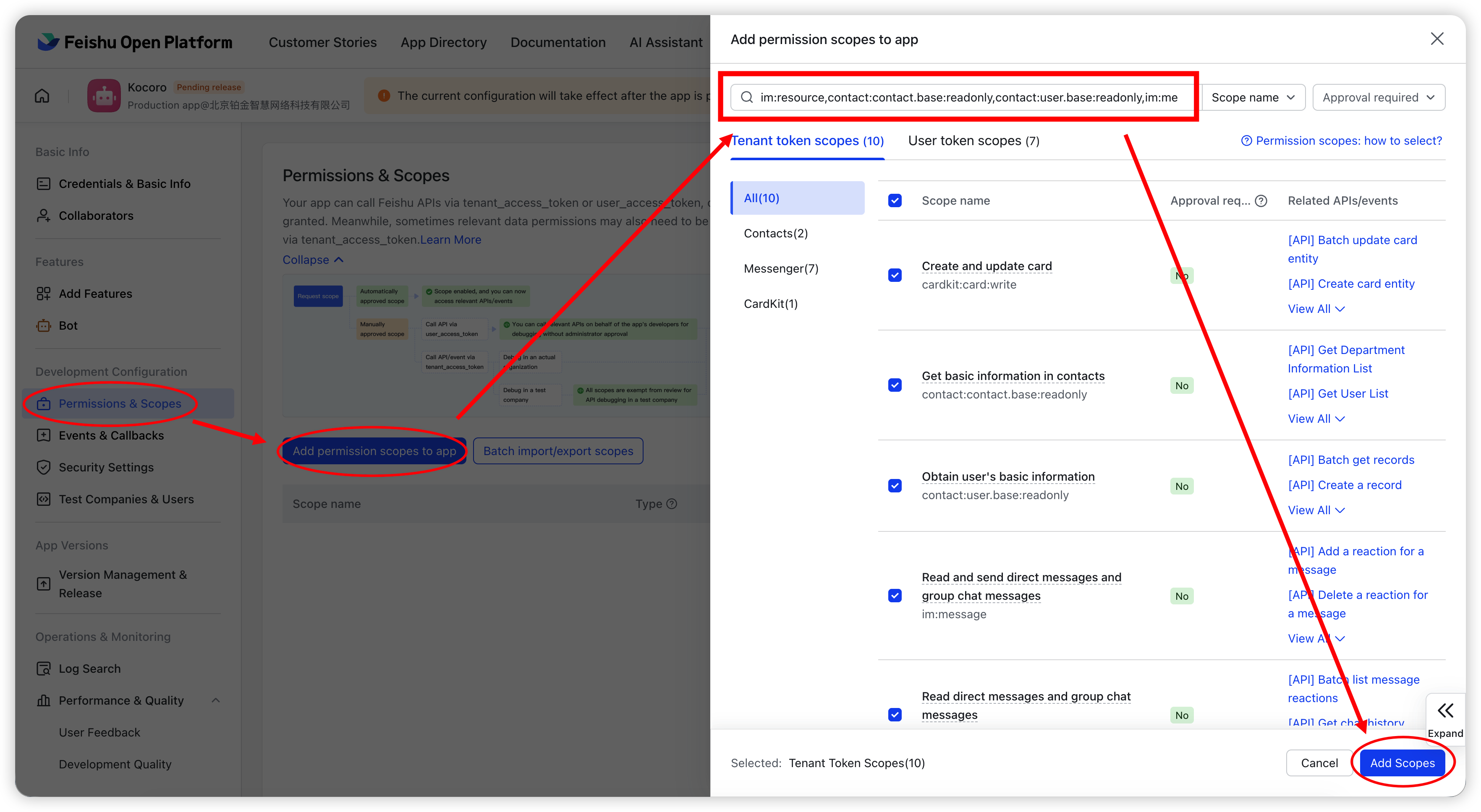 Fig. 7 — Batch-add the 10 scopes under Permissions & Scopes.