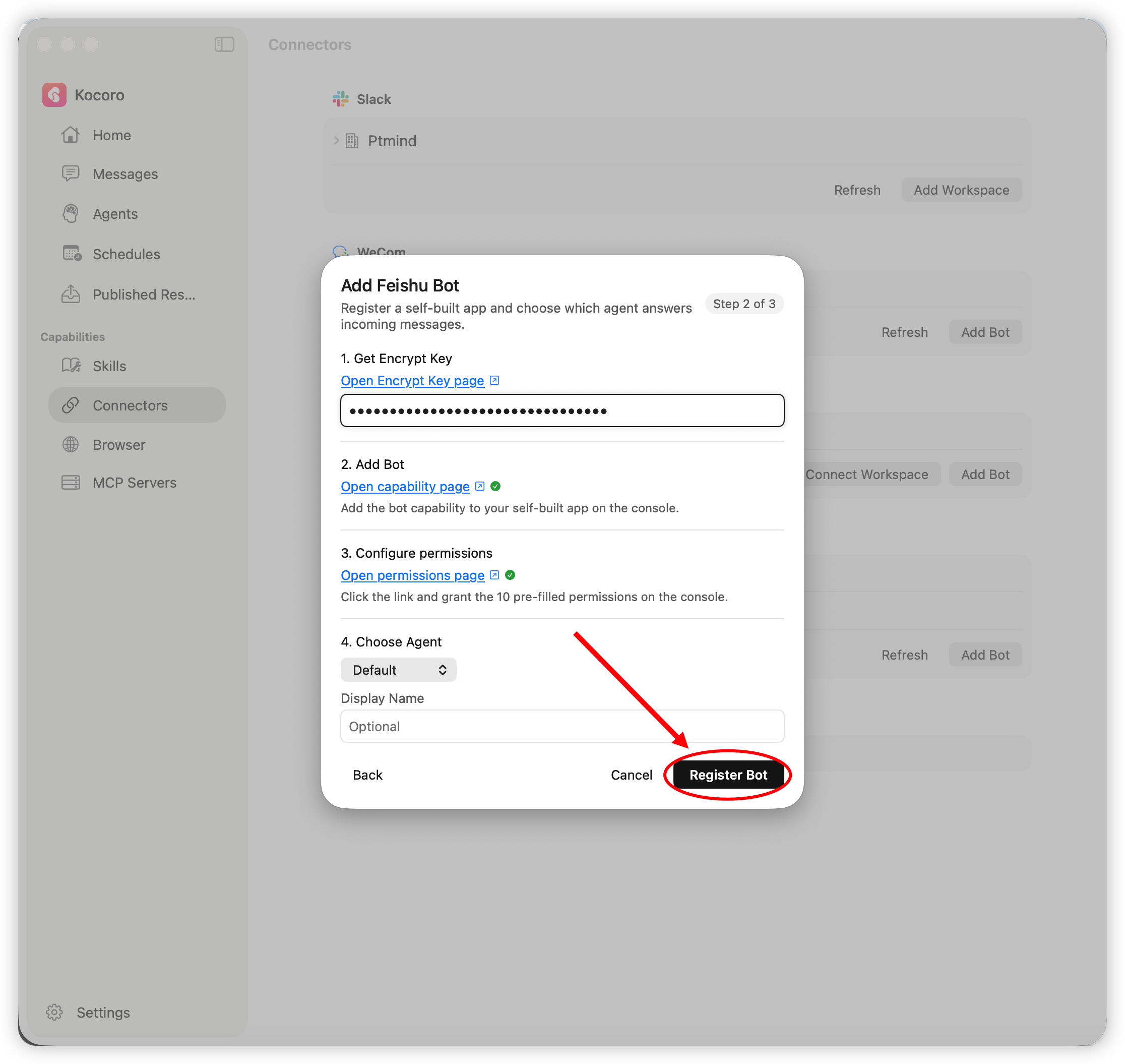 Fig. 8 — Paste the Encrypt Key, pick an agent and register the bot in Kocoro (step 2/3).