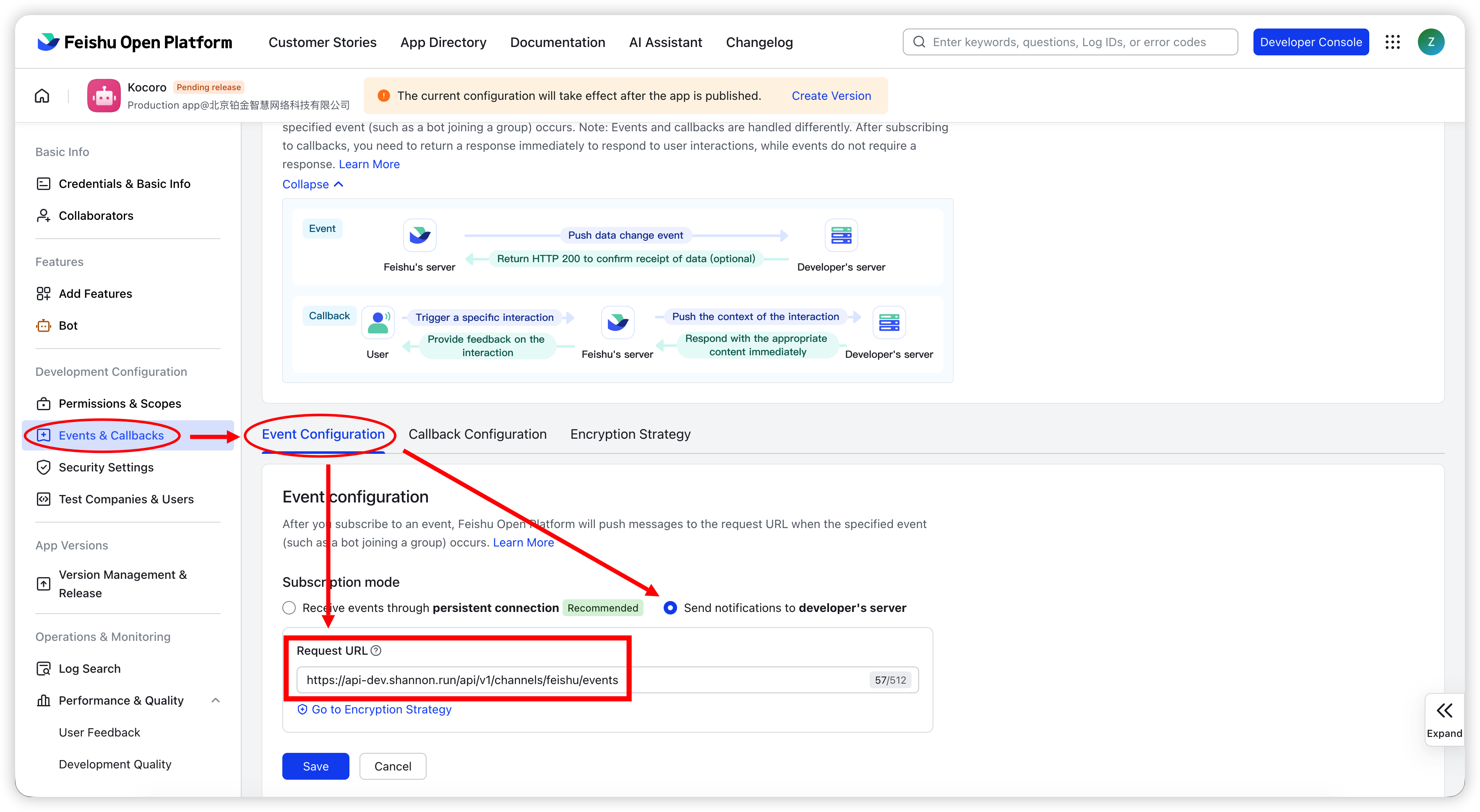 Fig. 9 — Choose "Send notifications to developer's server" and enter the request URL.