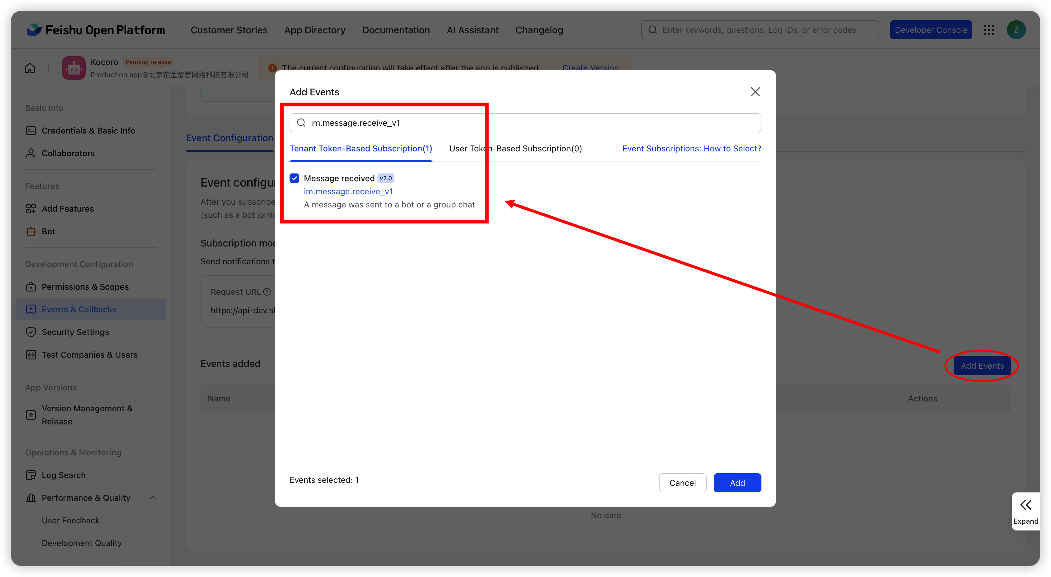 Fig. 10 — Add the Message received event.