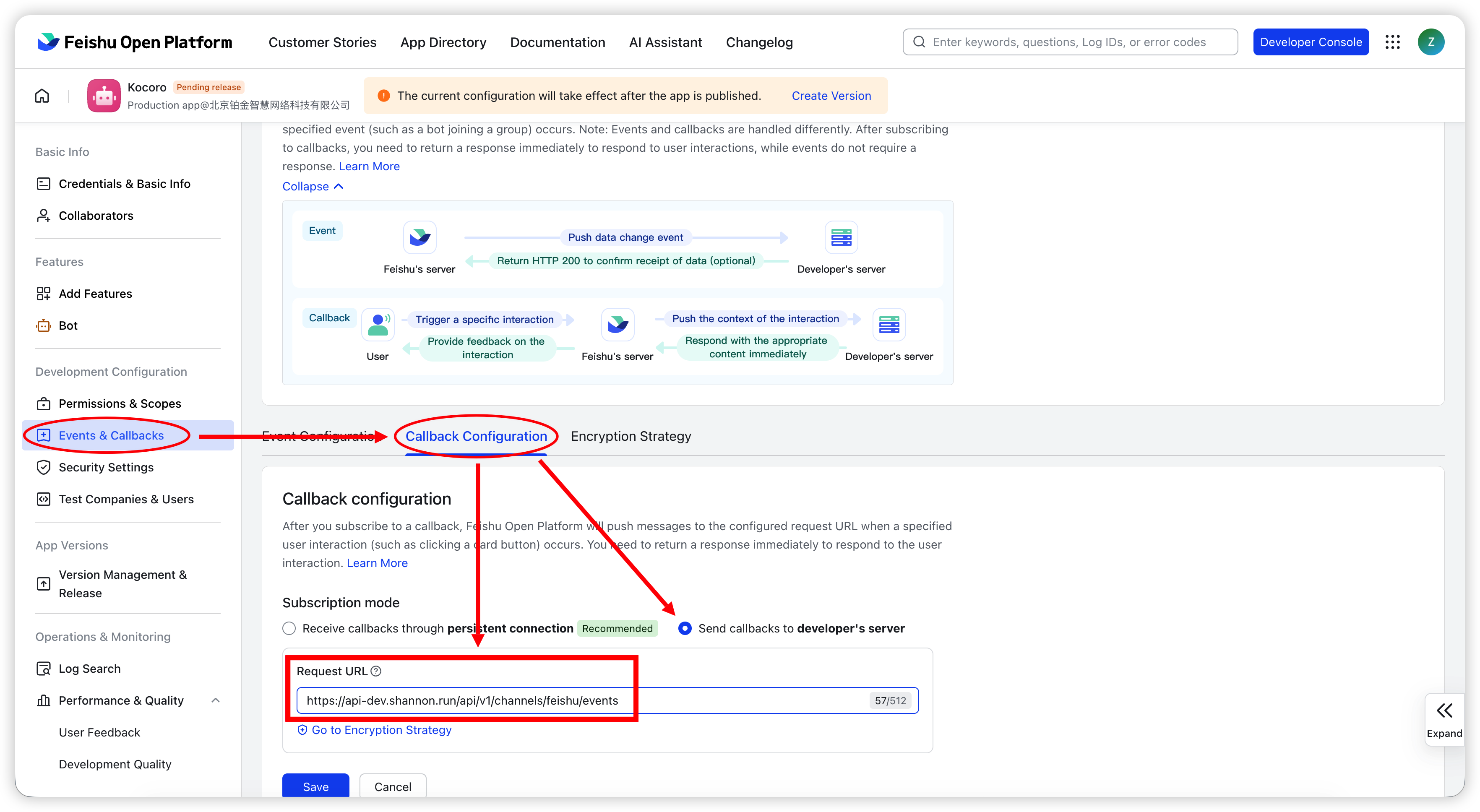 Fig. 11 — Choose "Send callbacks to developer's server" and enter the request URL.