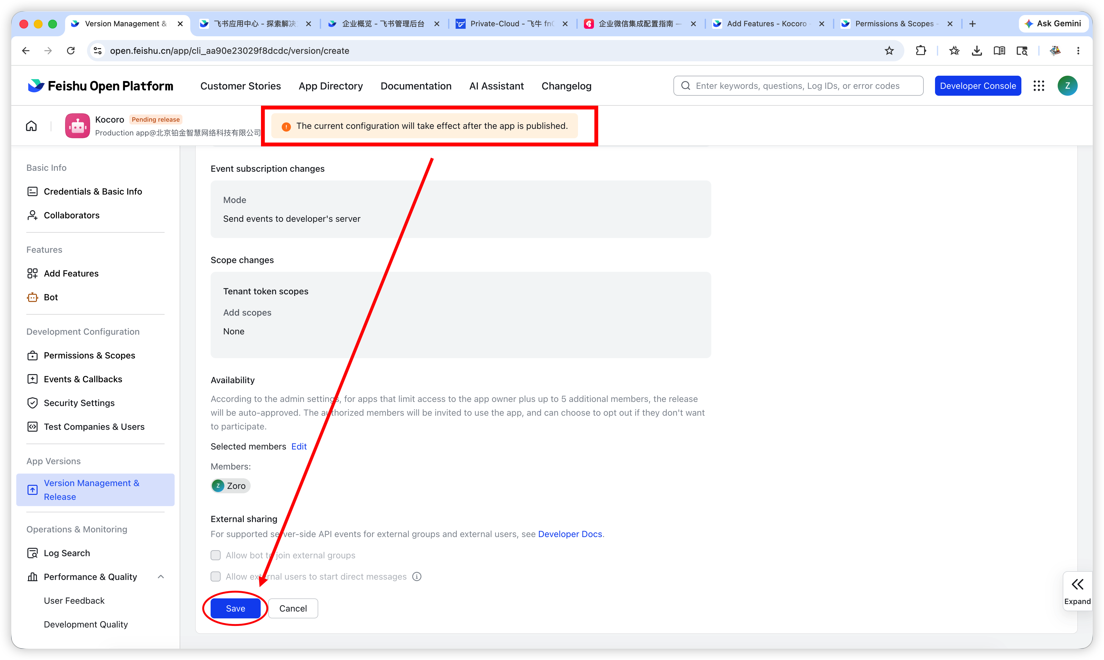 Fig. 13 — Save and publish the app under Version Management & Release.