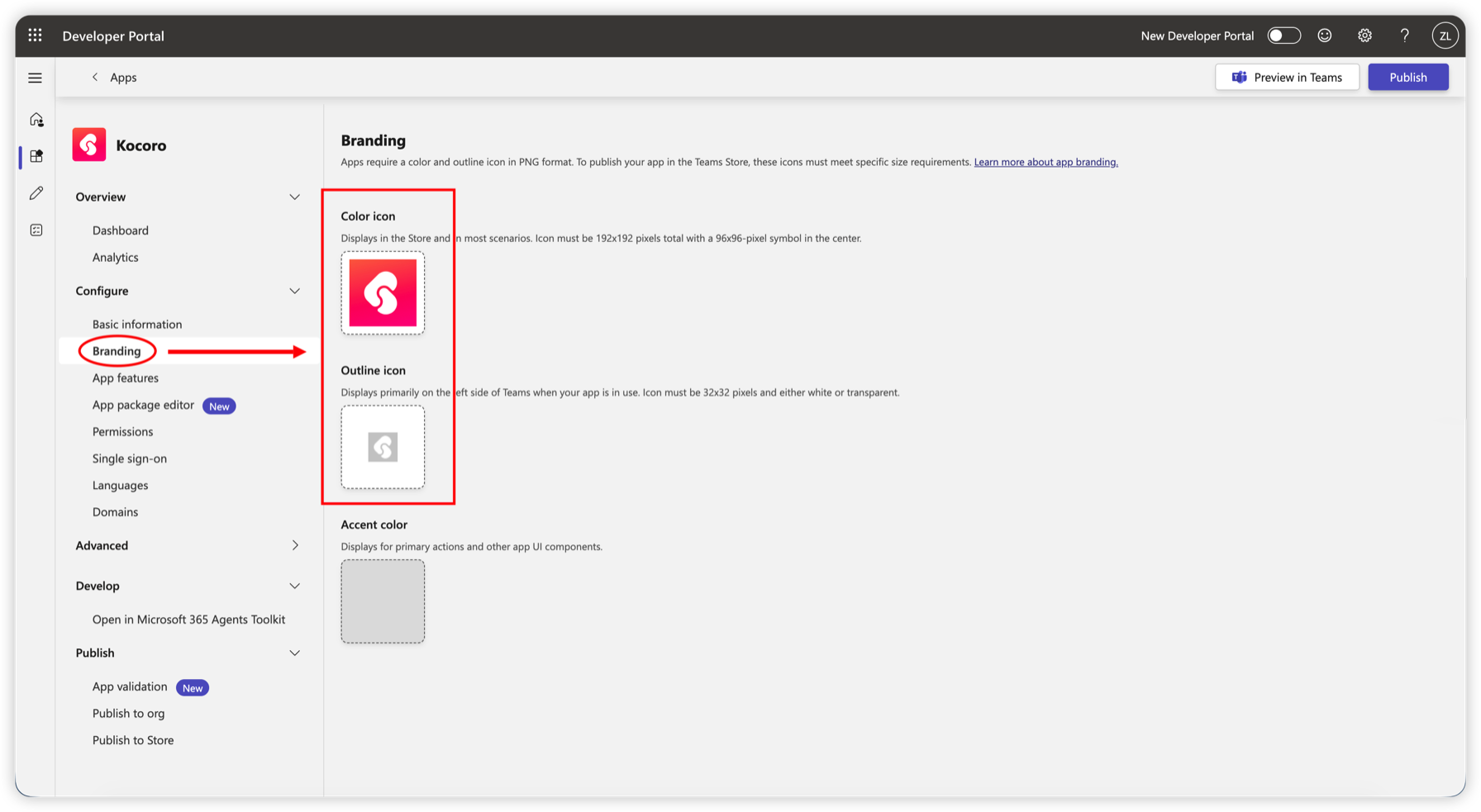 図 8：「Branding」でカラーアイコンとアウトラインアイコンをアップロード。